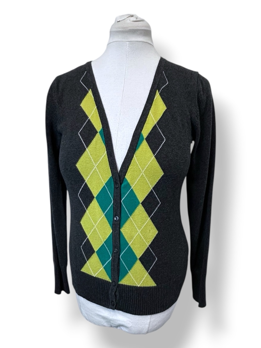 Old Navy Women’s Button Front Argyle Cardigan Sweater Y2K Charcoal/Lime/Teal M